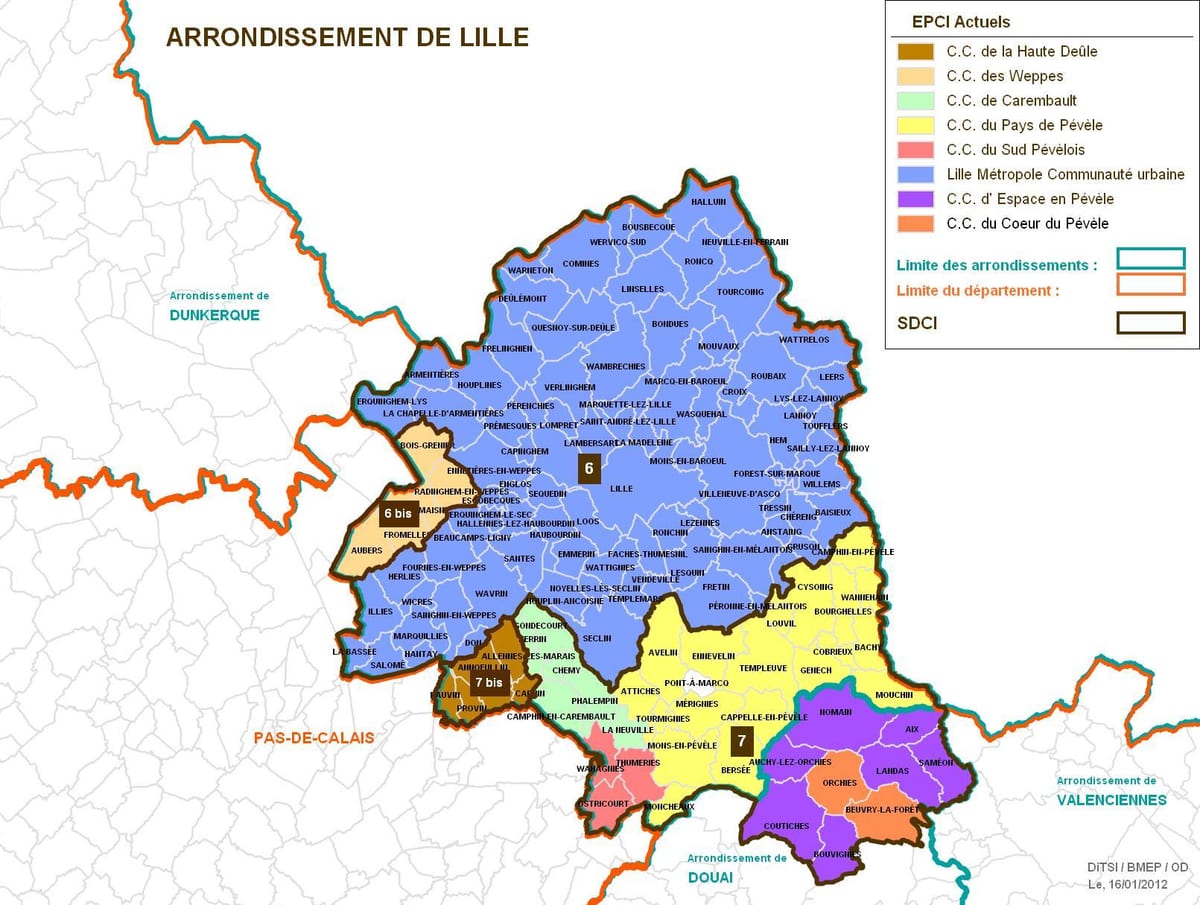 mapa powiatu Lille